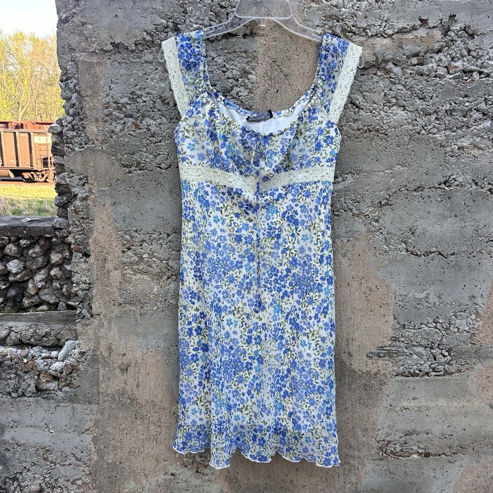 VTG Y2k Floral Babydoll Flounce Crinkle Lace Trim Milkmaid Dress Fairy Sz 12-14